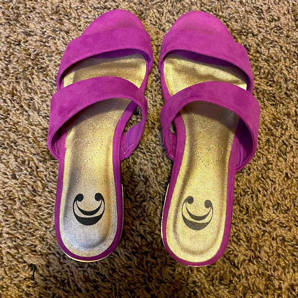 Charming Charlie purple slides with metal detailed heel